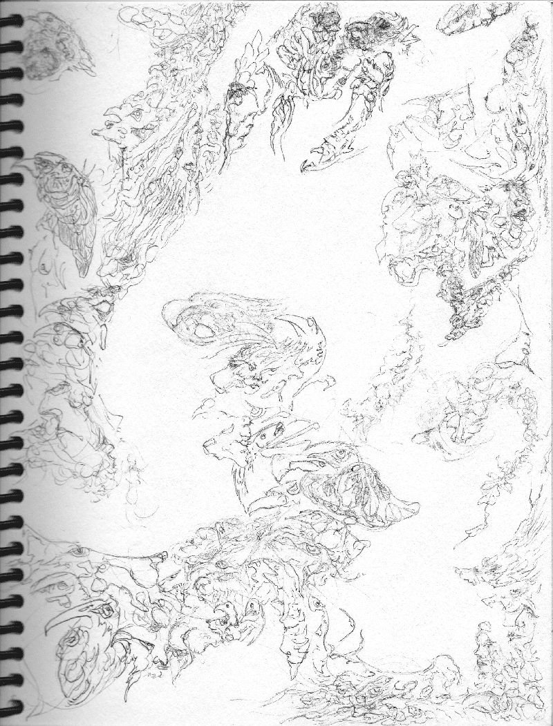 A sketch with wavy designs and animals