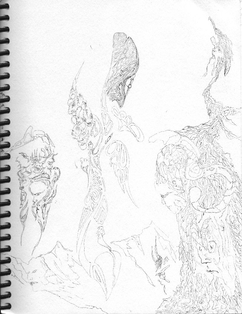 An abstract drawing of forms and humanoid figures