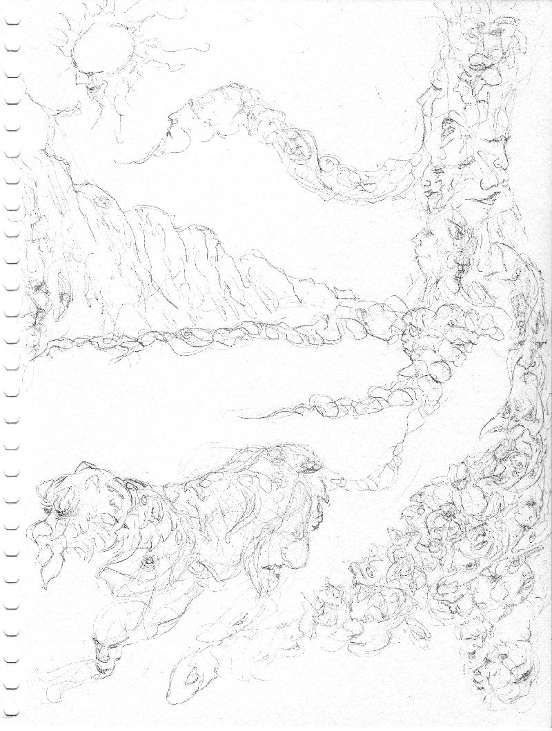 A sketch of a mountain range and a tree under the sun