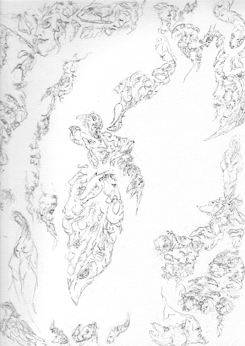 Sketches of branches with perched birds