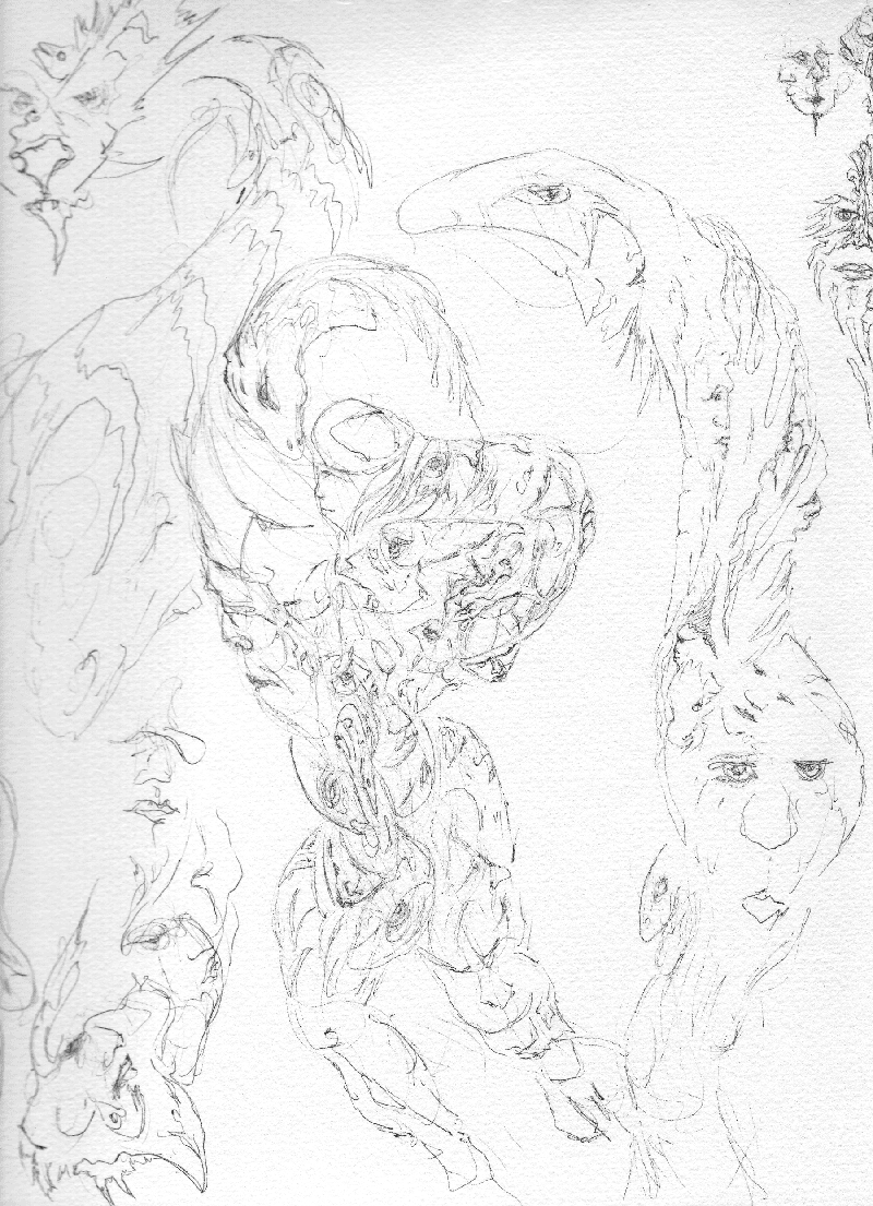 An abstract sketch of faces and animals