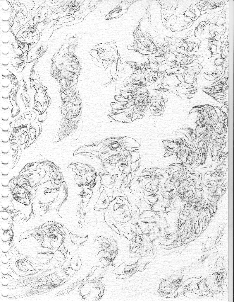 A sketch of birds, snakes, and fishes